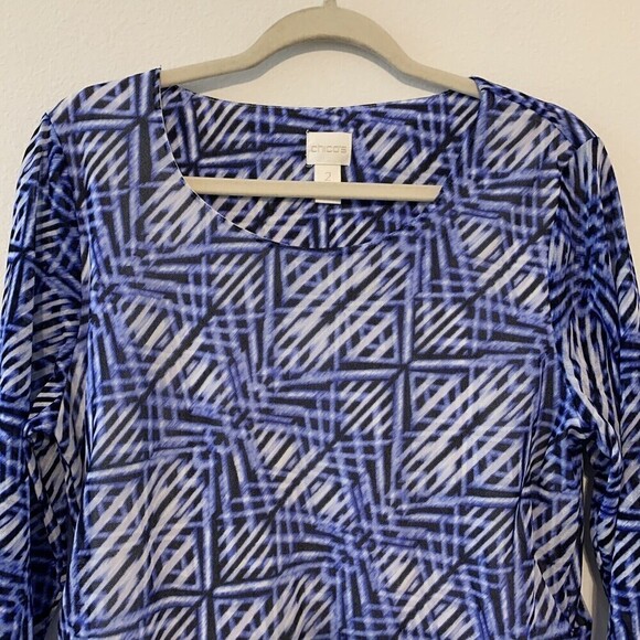 Chico's Womens Size Large Blue Black White Printed Mesh Overlay Nylon Blouse - Picture 2 of 6